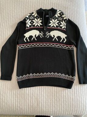 Chaps Black and Cream Fair Isle Half-Zip Reindeer Sweater